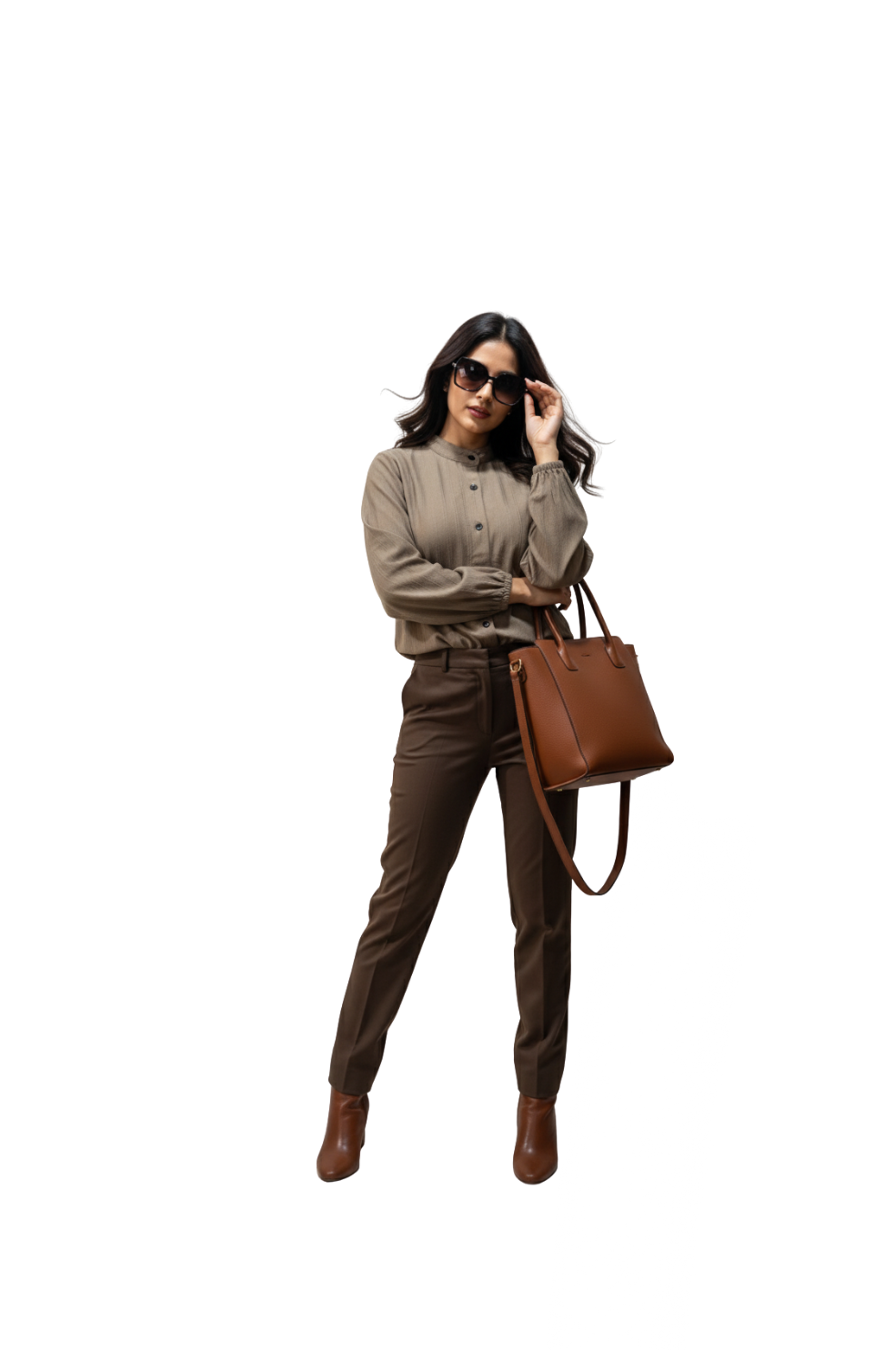 woman wearing brown cuffed sleeves shirt with band collar from Hava Fashions