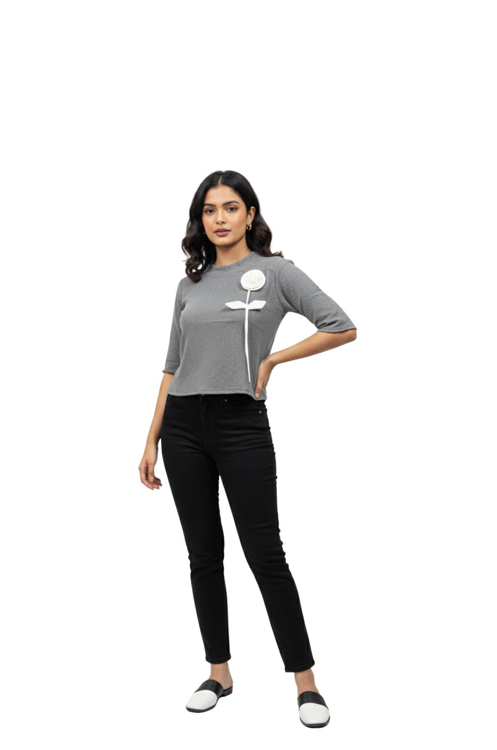 girl wearing dark grey t-shirt with white embroidered flower from Hava Fashions