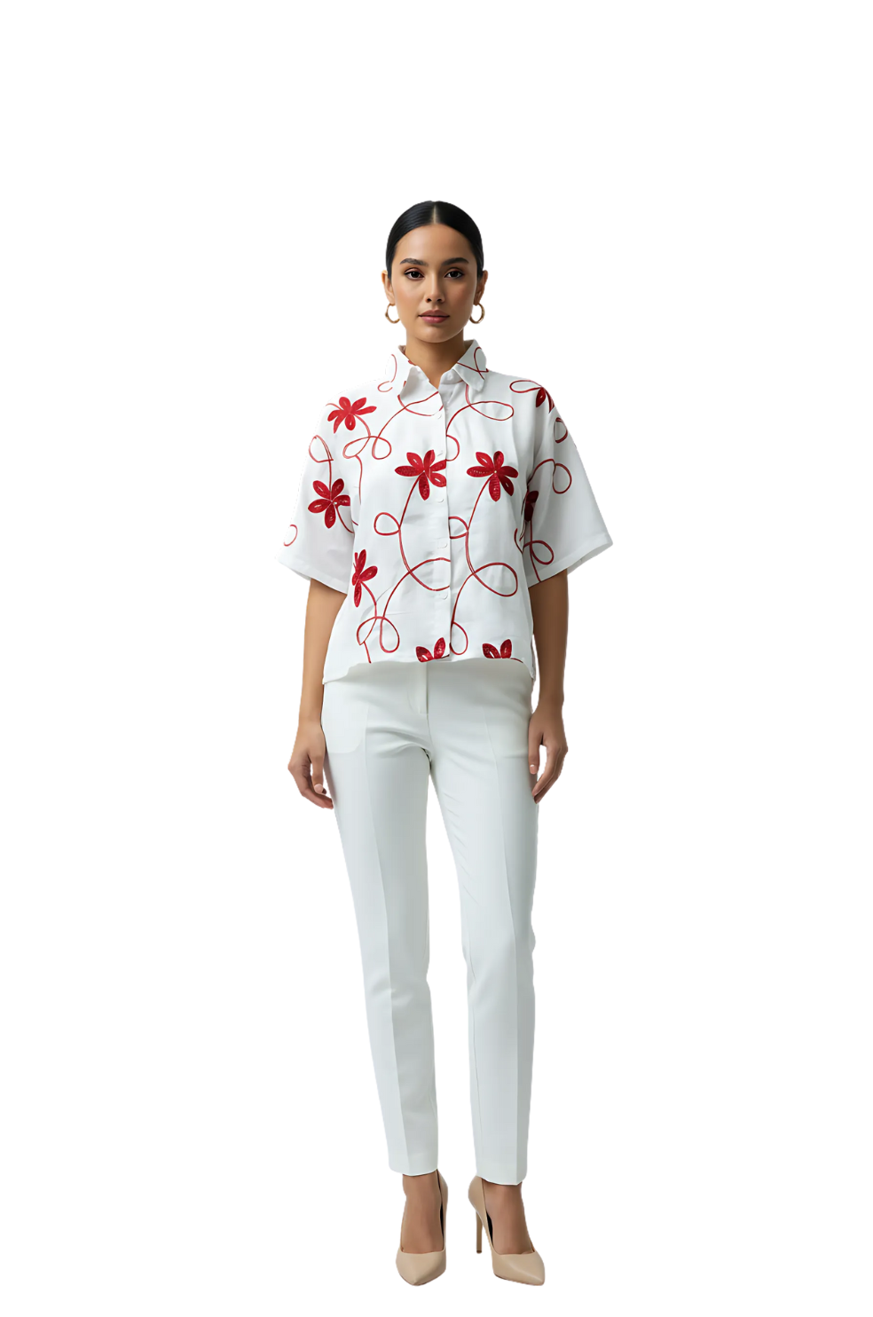 woman wearing white top with red floral embroidery from Hava Fashions