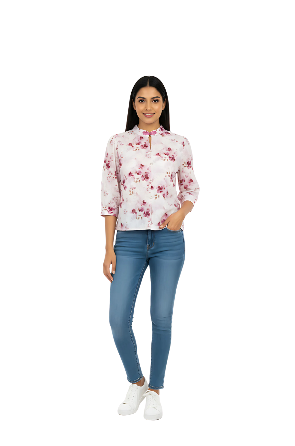 woman wearing floral high neck top in pink from Hava Fashions