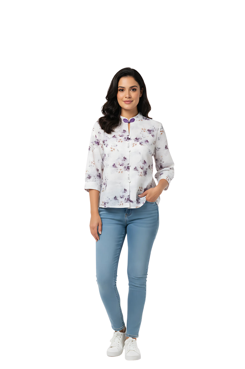 woman wearing white floral high neck top with purple print from Hava Fashions