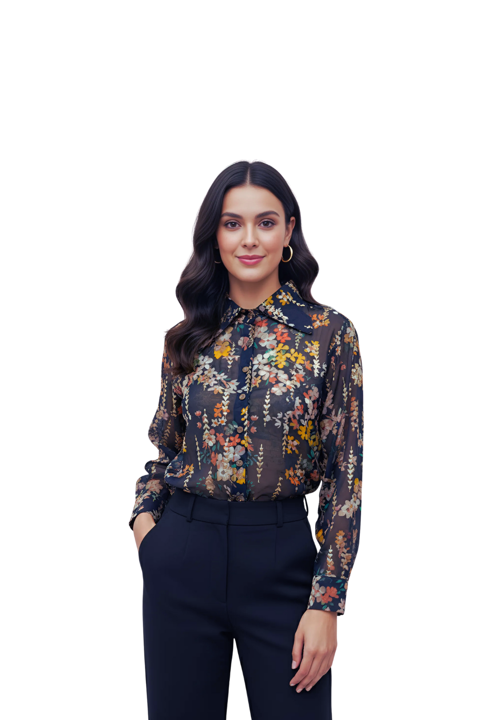 woman wearing floral print chiffon blouse in blue from Hava Fashions