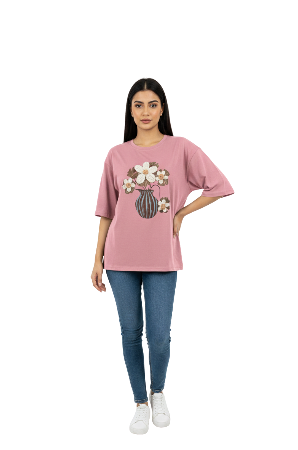 woman wearing pink oversized floral print top from Hava Fashions