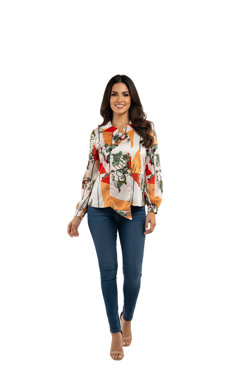woman wearing geo printed crepe fabric top with multicolor abstract design from Hava Fashions