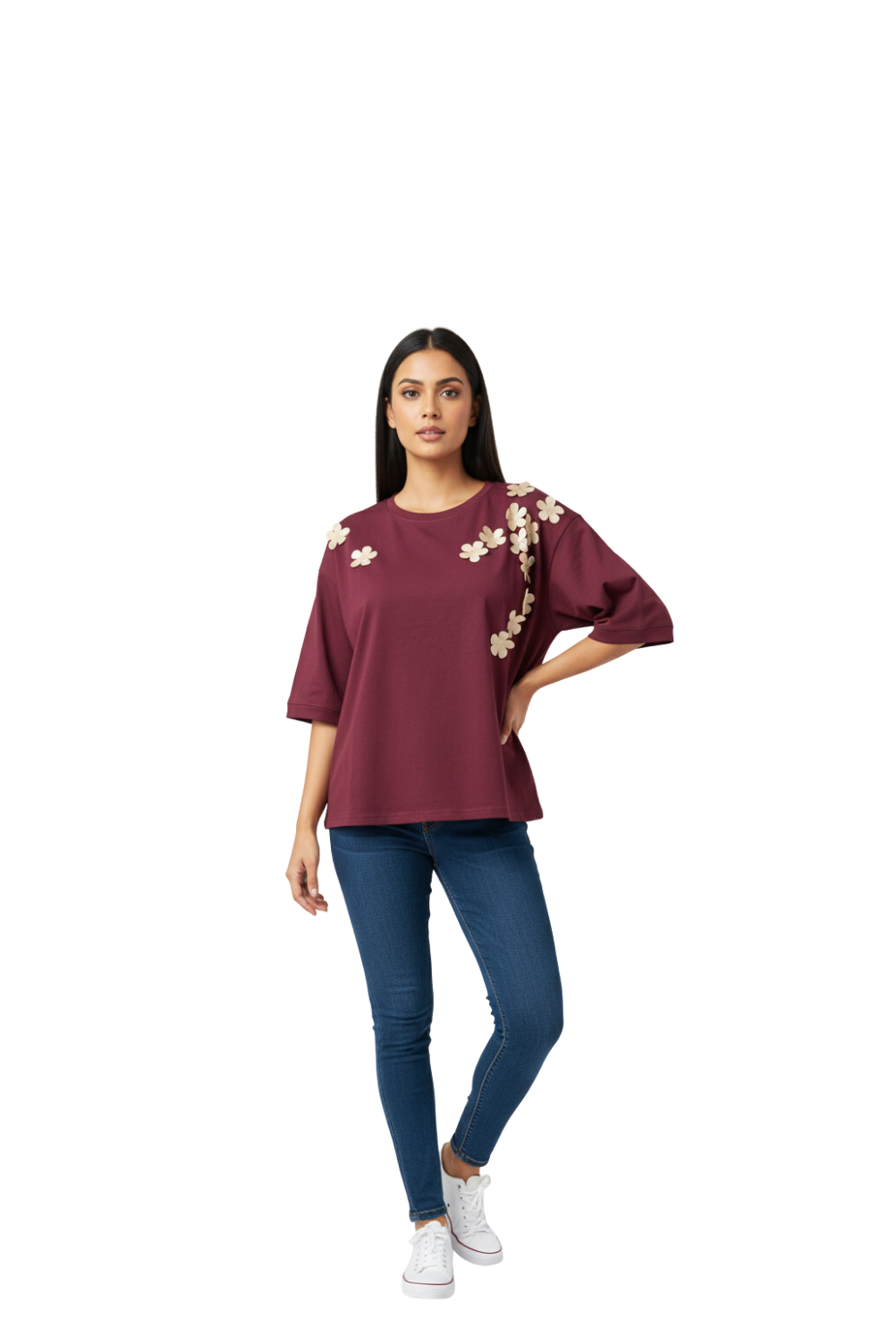 woman wearing maroon oversized t-shirt with golden flower applique from Hava Fashions