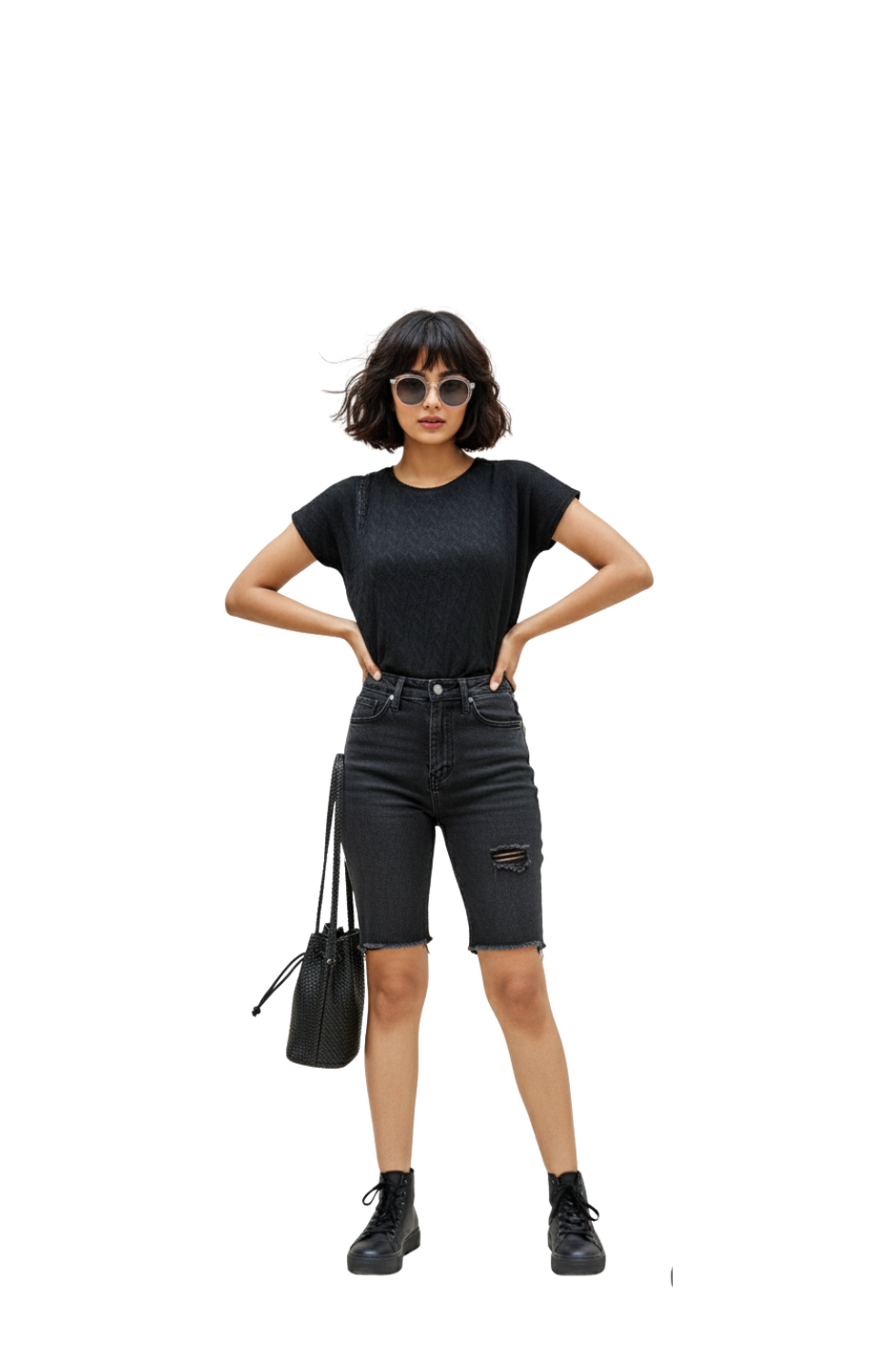 woman wearing black textured knit top with half sleeves from Hava Fashions