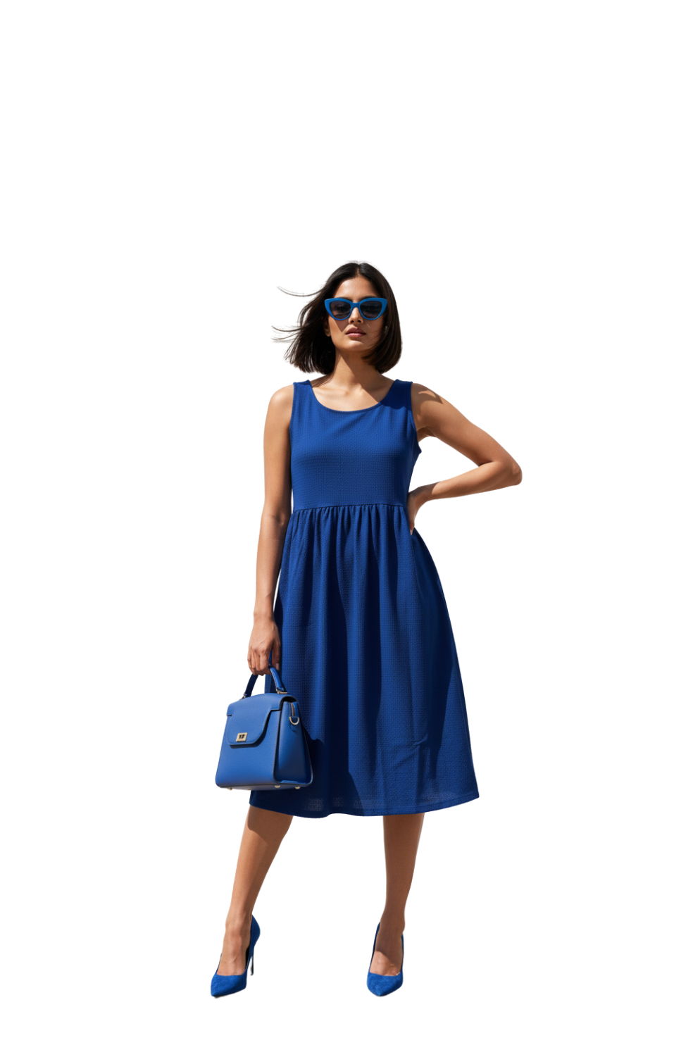 woman wearing navy blue sleeveless maxi dress from Hava Fashions