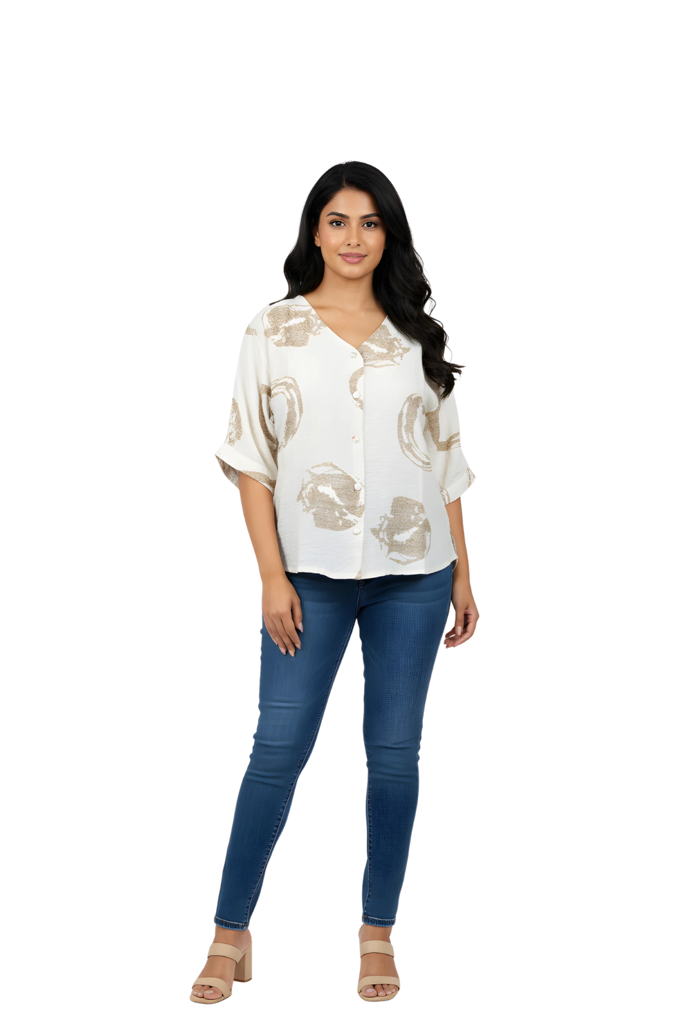 woman wearing off-white printed top with golden-beige abstract circle design from Hava Fashions