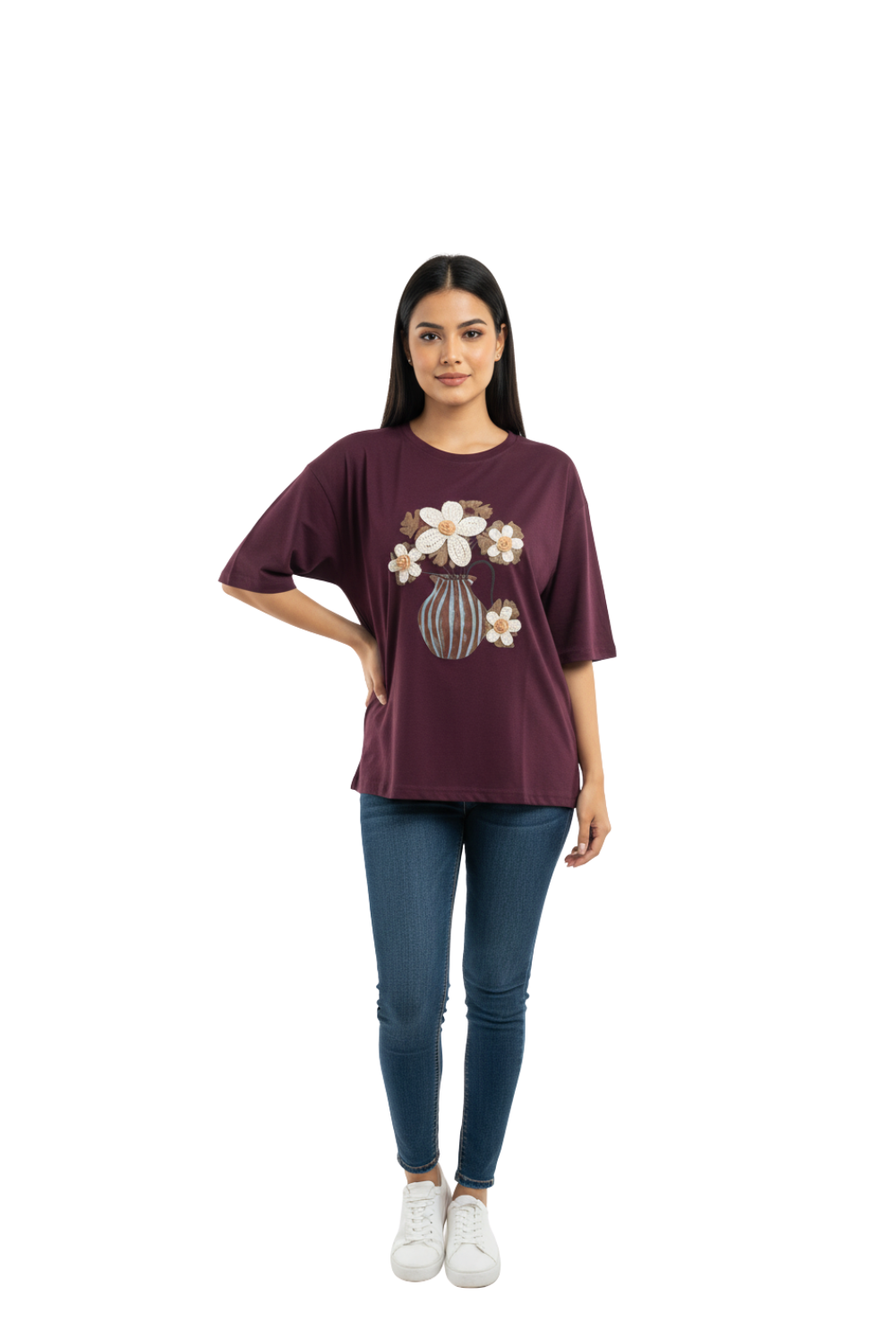 woman wearing maroon oversize t-shirt with floral print from Hava Fashions