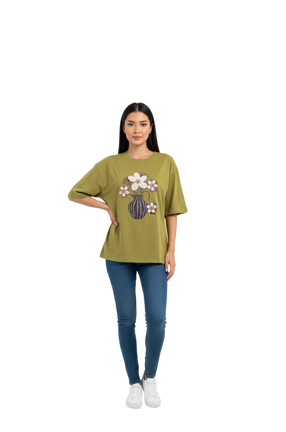 woman wearing sage green oversized t-shirt with floral print from Hava Fashions