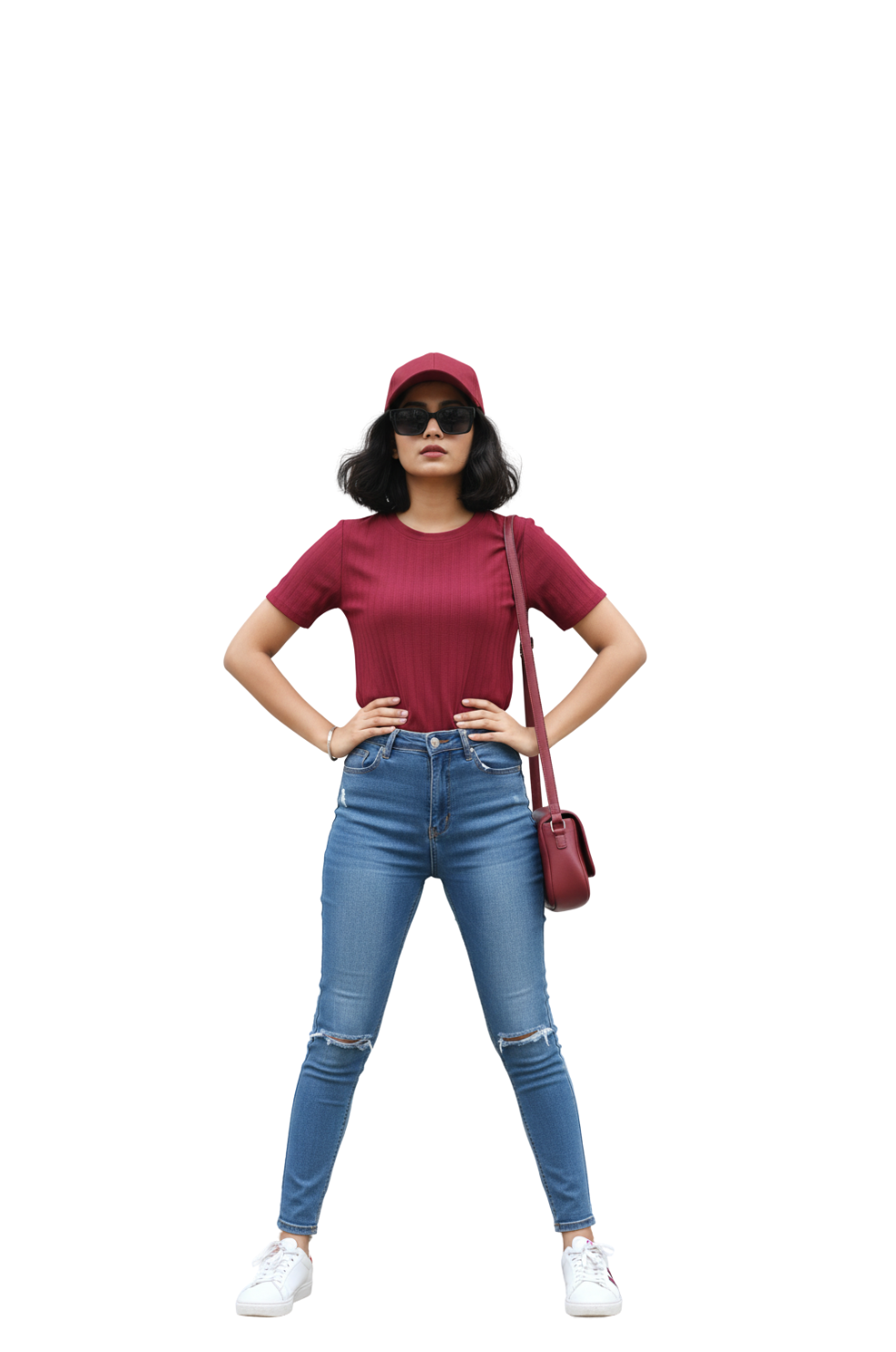 woman wearing maroon ribbed textured t-shirt from Hava Fashions