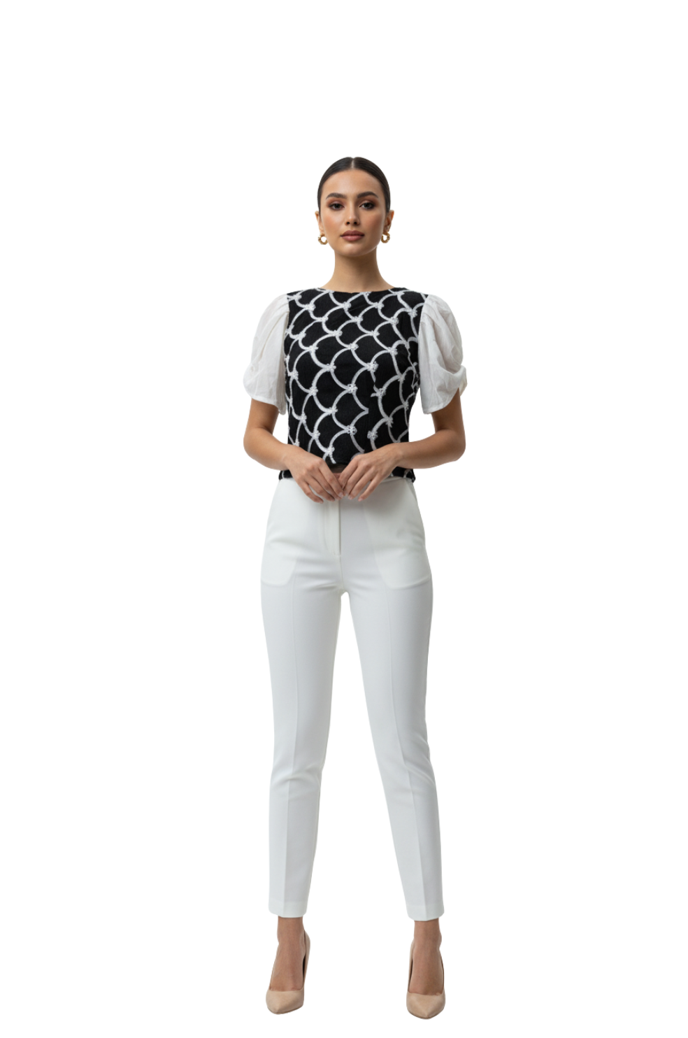 woman wearing puff sleeve white and black top from Hava Fashions