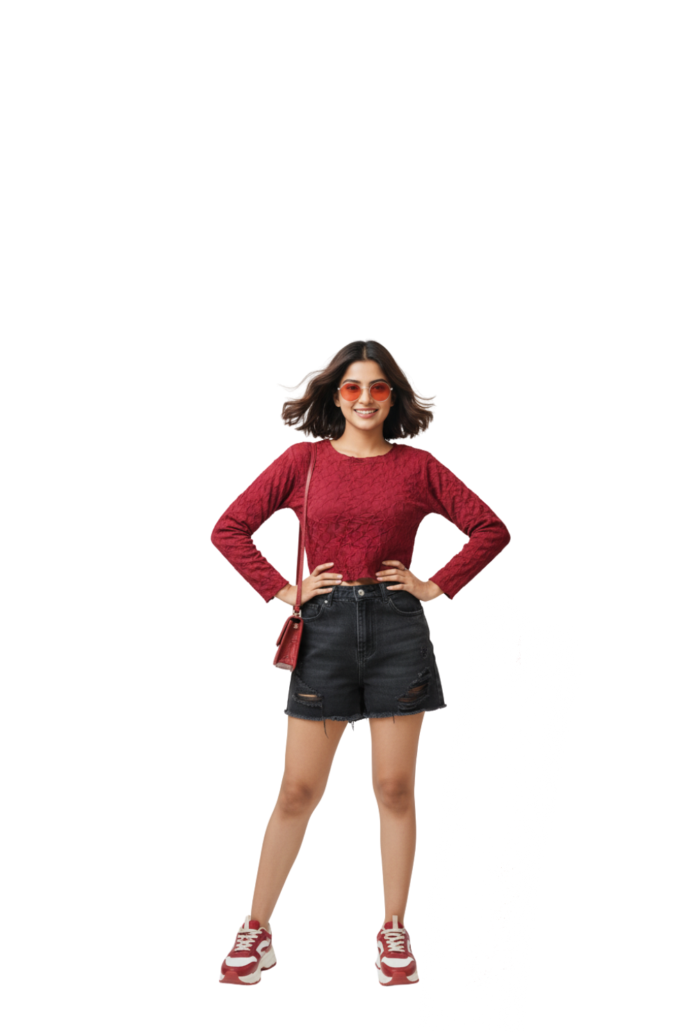 woman wearing red long-sleeve textured crop top from Hava Fashions