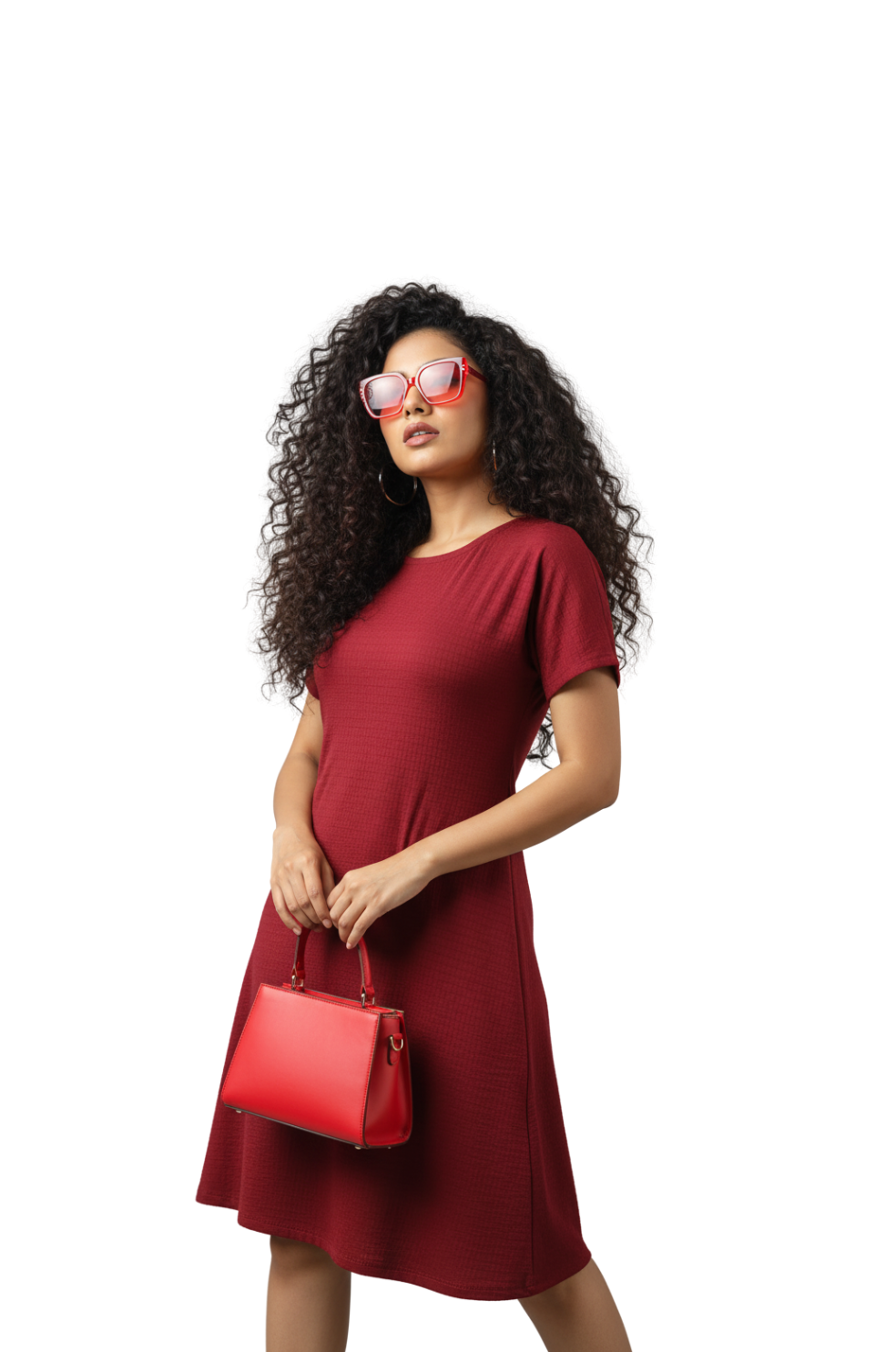 Red waffle knit A-line dress for women with short sleeves and boat neck