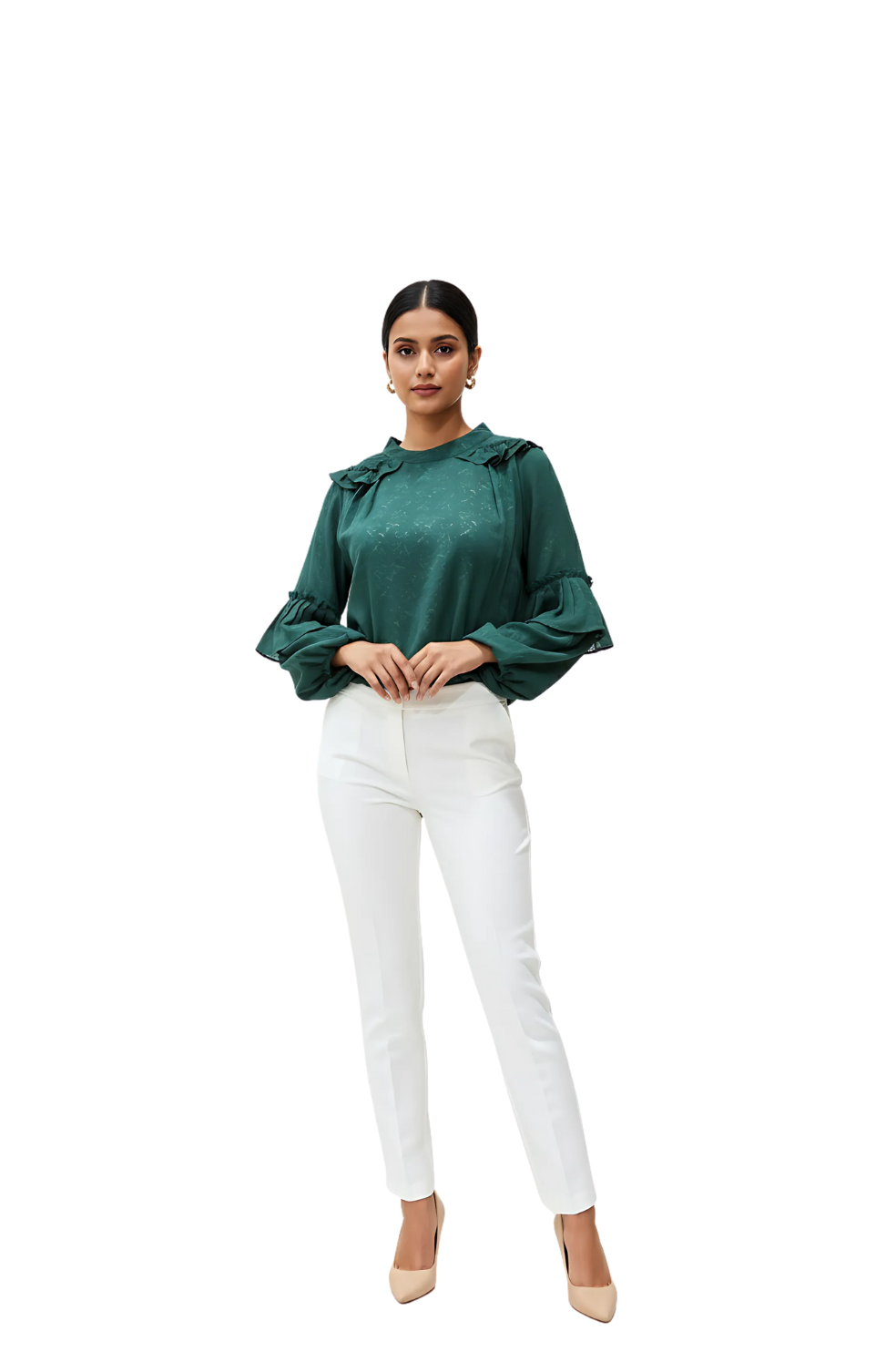 woman wearing dark green ruffle full sleeve top from Hava Fashions