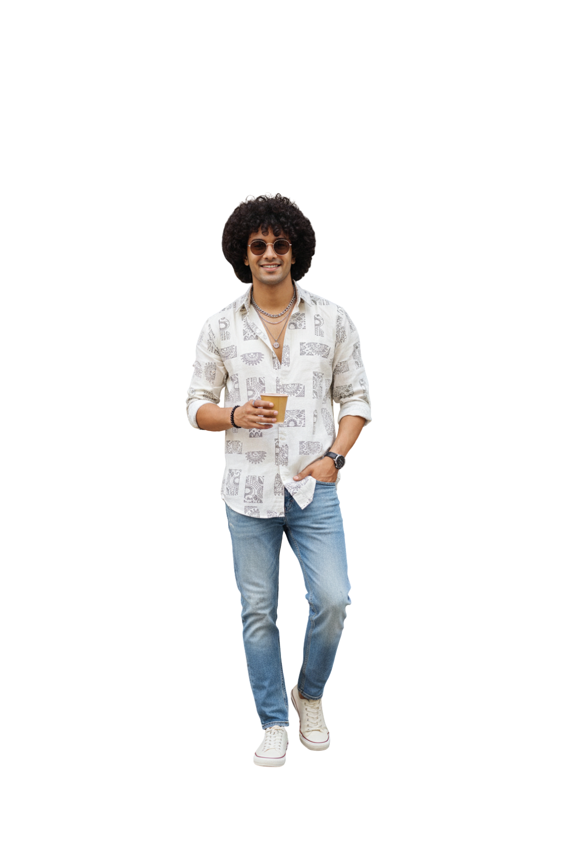 man wearing sage green printed shirt with hand-block pattern from Hava Fashions