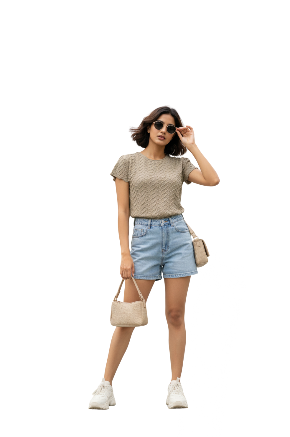 woman wearing beige textured short sleeve t-shirt from Hava Fashions