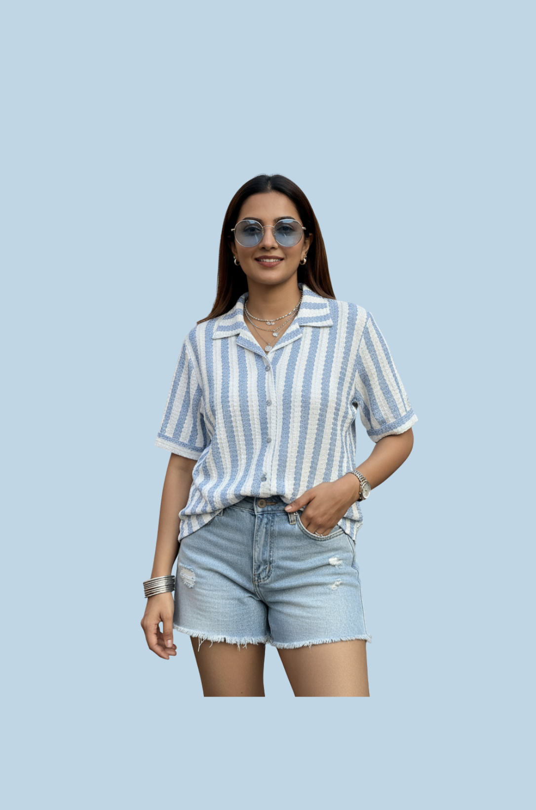 woman wearing sky blue striped textured sleeve shirt from Hava Fashions