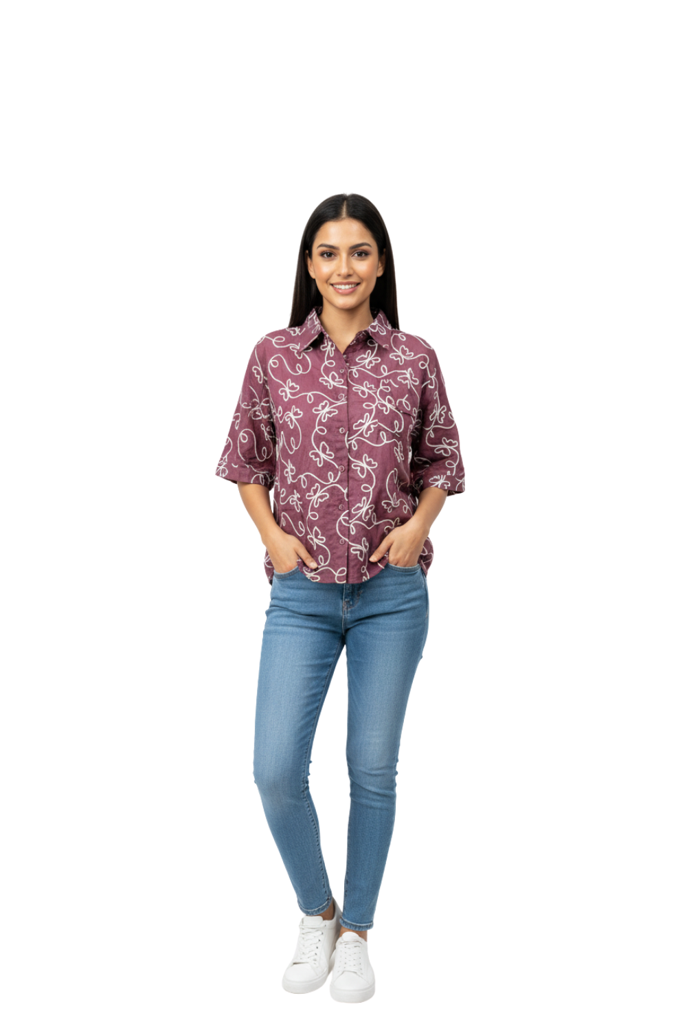 woman wearing maroon cotton shirt with white embroidery from Hava Fashions