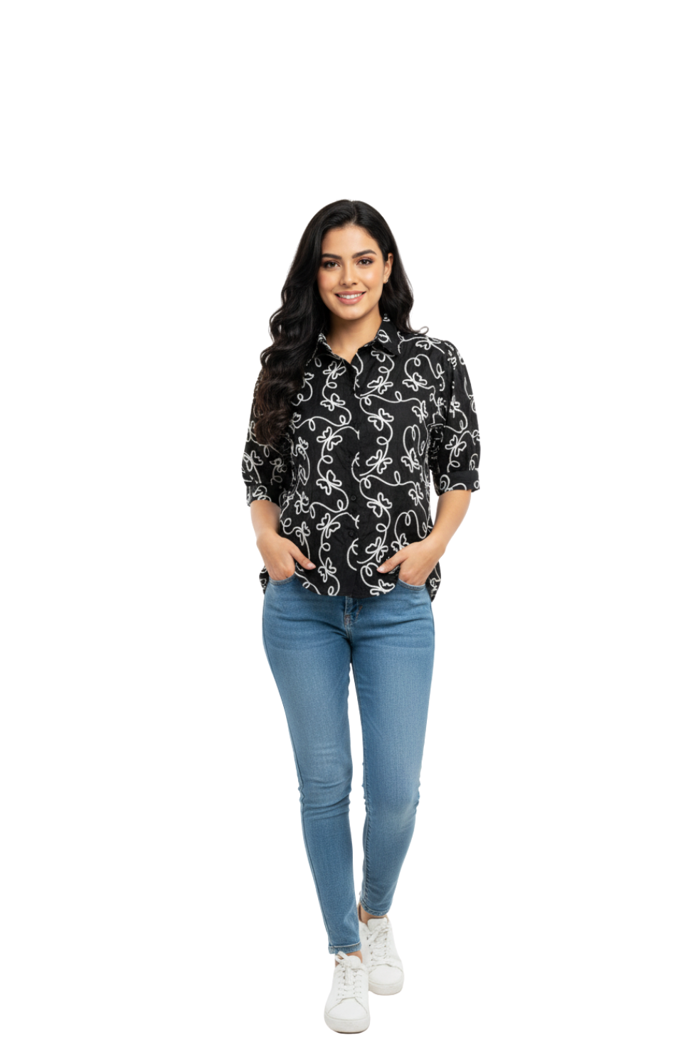 woman wearing black cotton top with white hand embroidery from Hava Fashions