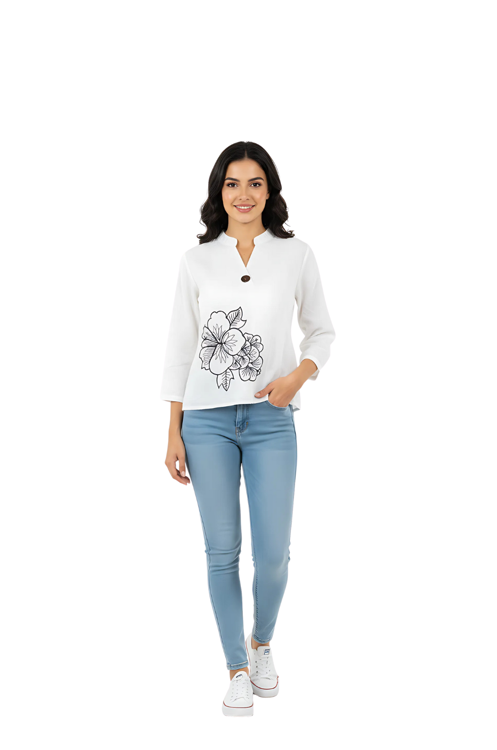 woman wearing white oversized embroidered top with black floral motif from Hava Fashions