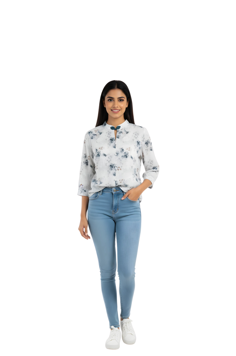 woman wearing white floral print top with blue-grey watercolor design from Hava Fashions