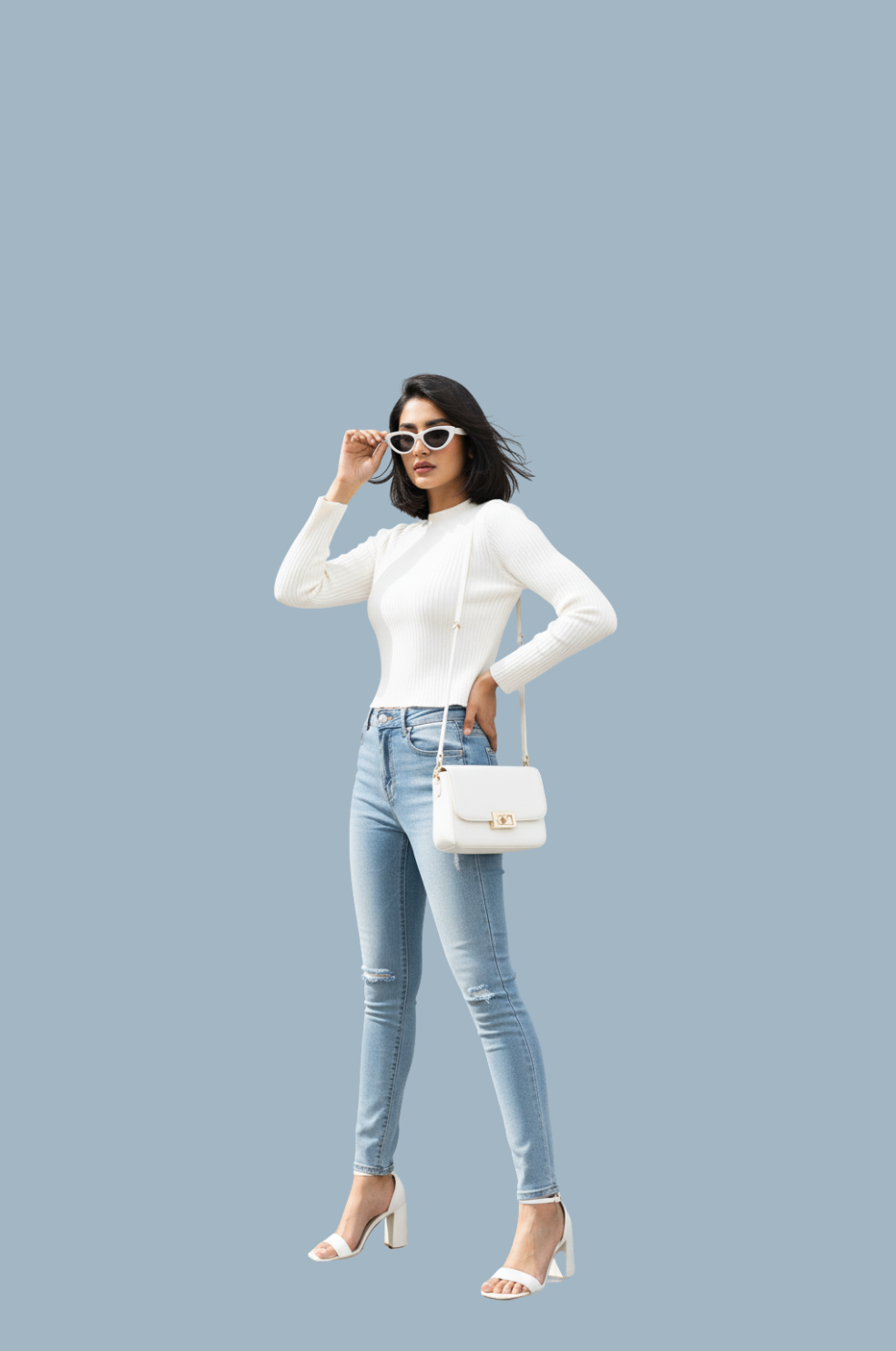 woman wearing white ribbed long-sleeve fitted t-shirt from Hava Fashions