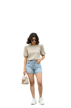 Textured Puff Sleeve Top for Women in Beige Colour