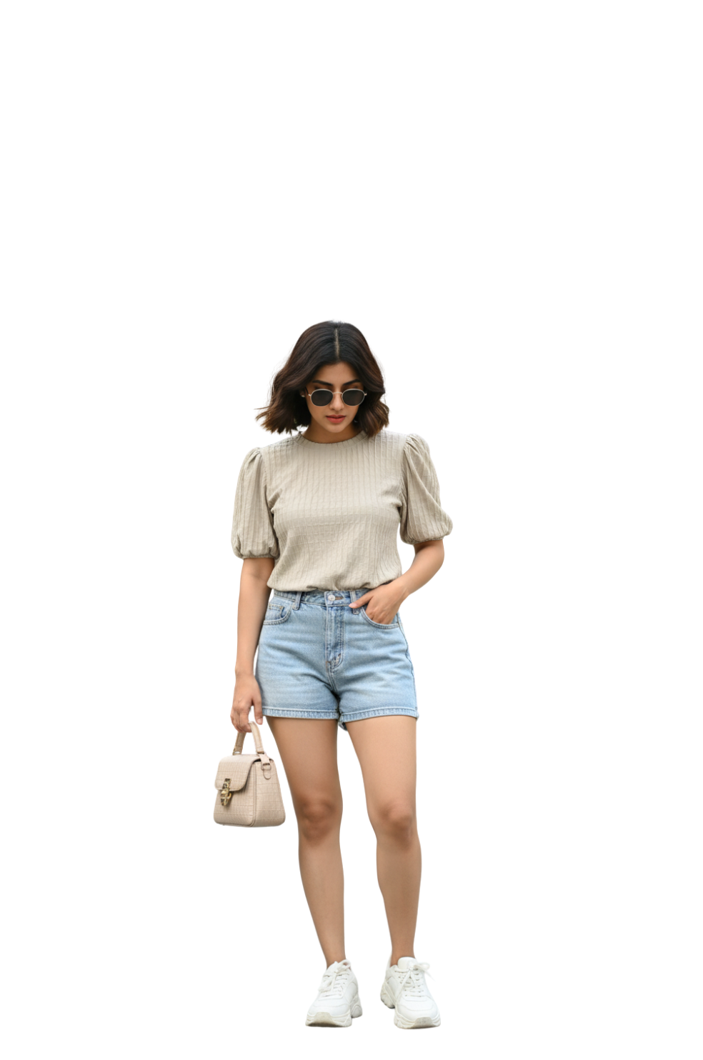 Textured Puff Sleeve Top for Women in Beige Colour