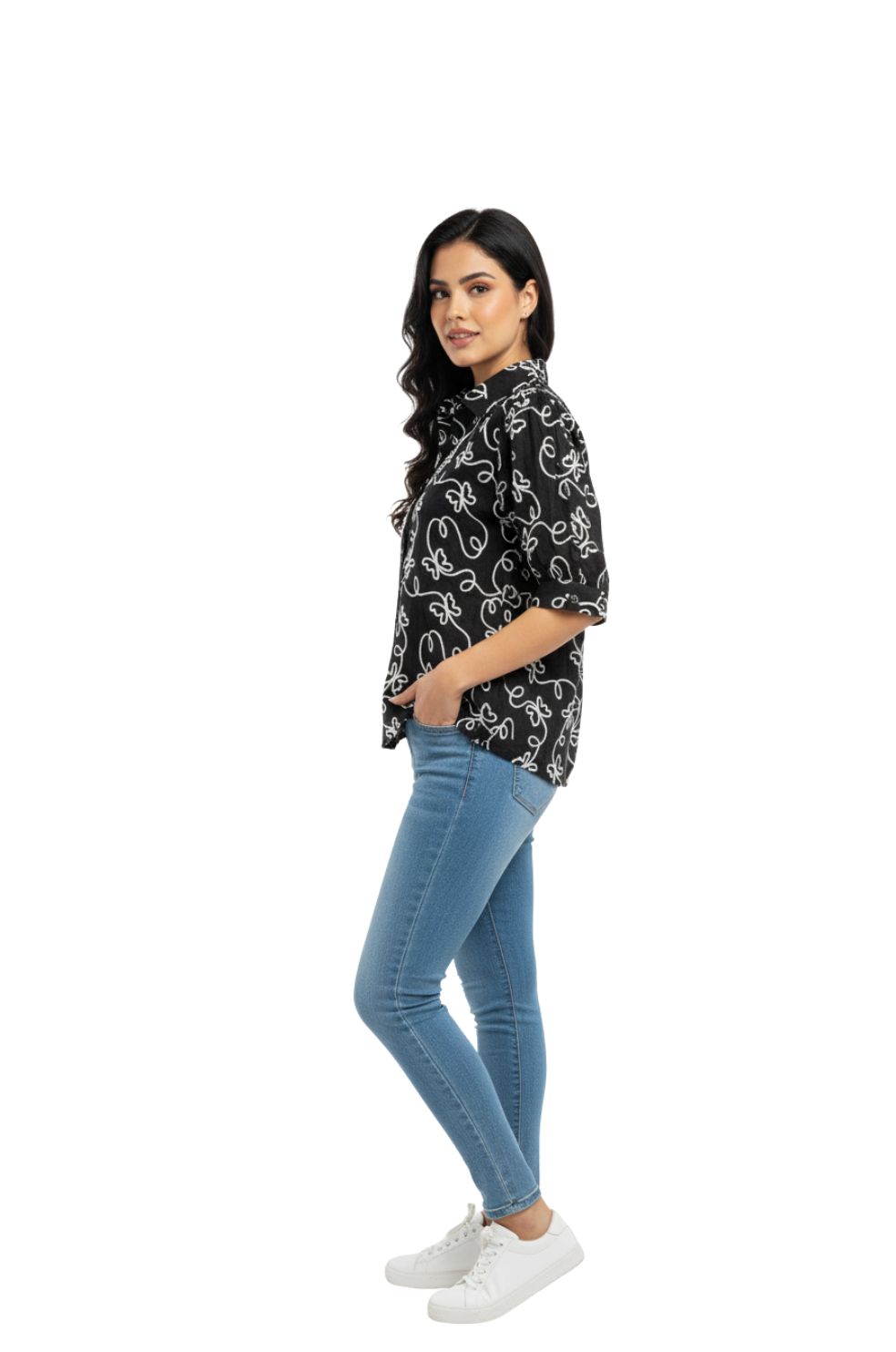 White Cotton Hand Embroidery Designs Top for Women in Black