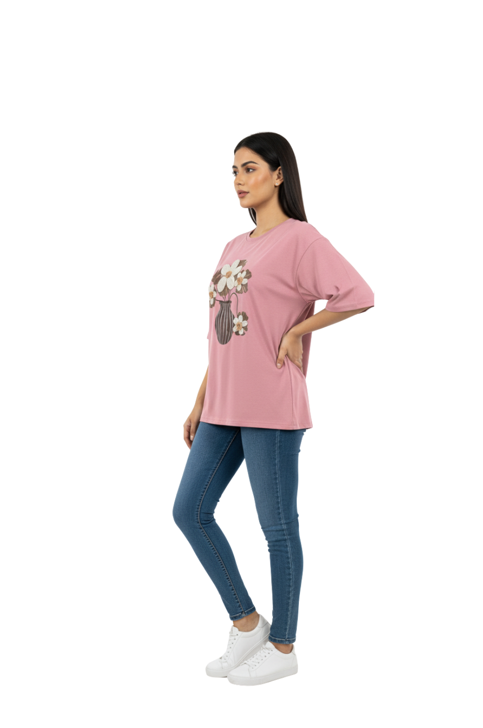 Flower Pattern Casual Oversized Top for Women in Pink
