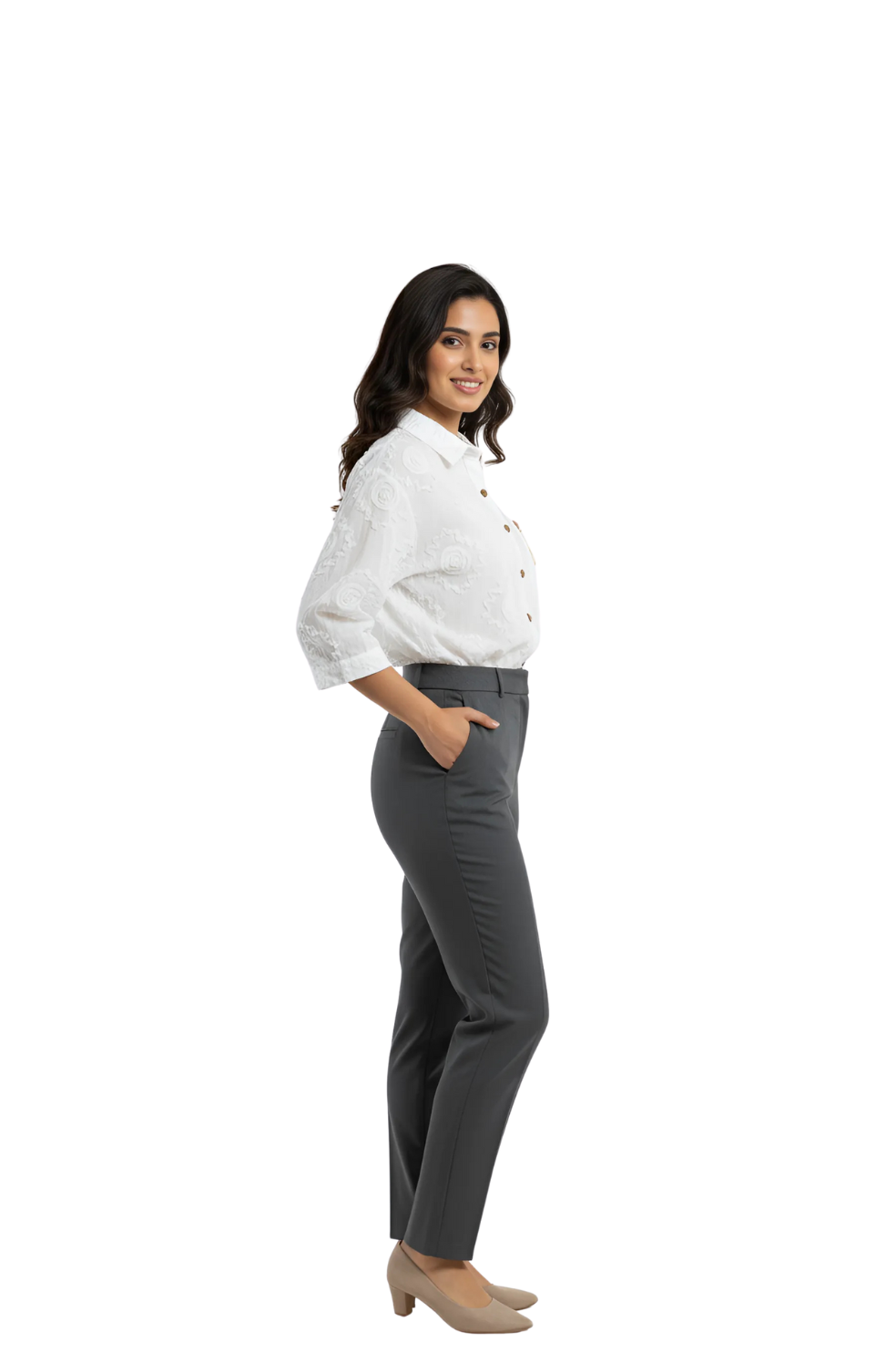 White Textured Floral Shirt for Women