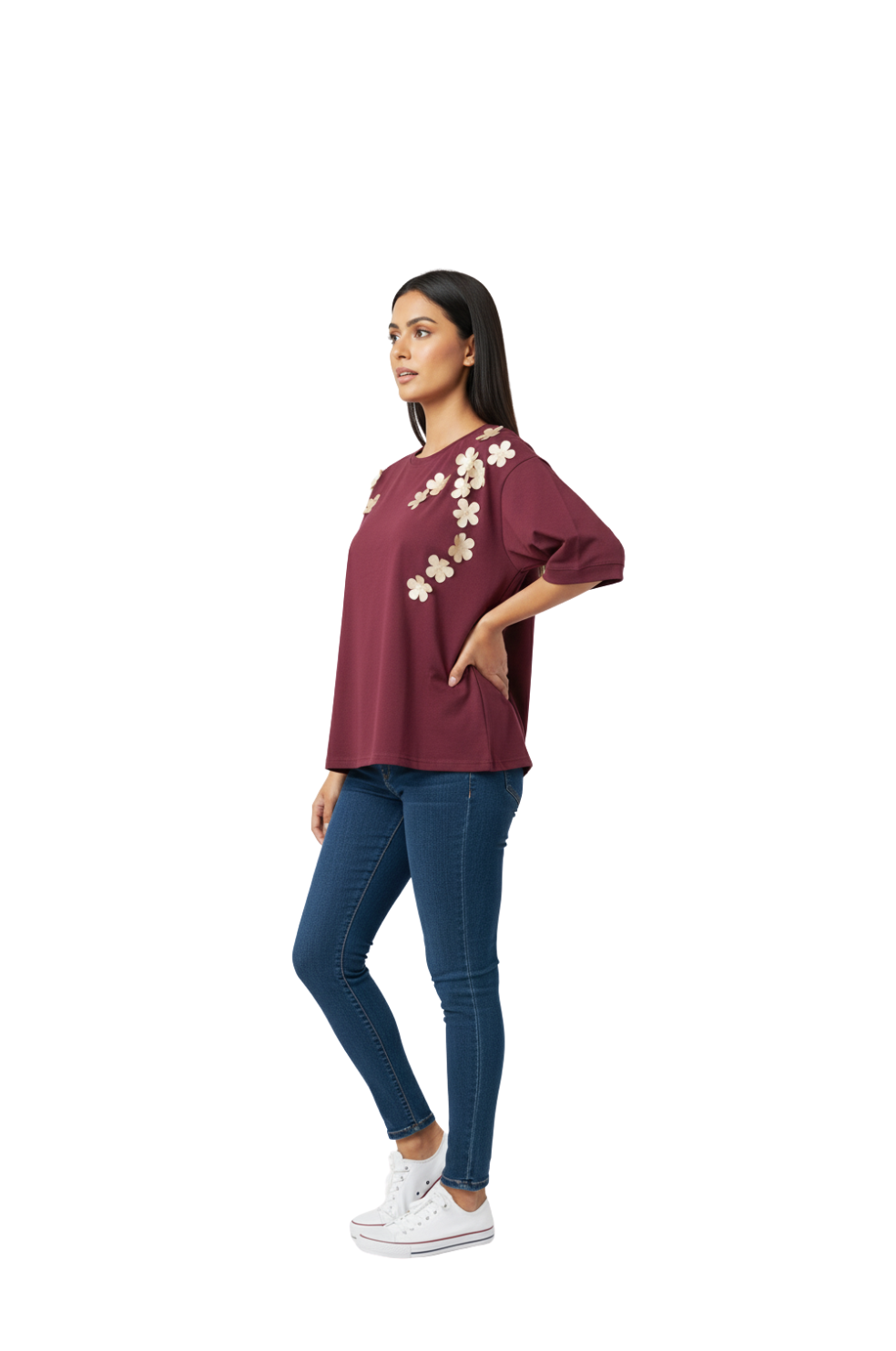 Golden Flower Applique Oversized T-shirt for Women in Maroon