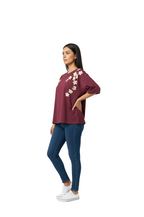 Golden Flower Applique Oversized T-shirt for Women in Maroon