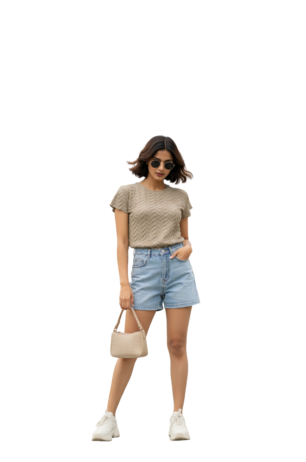 Textured Short Sleeve T-Shirt  for Women in Beige Colour