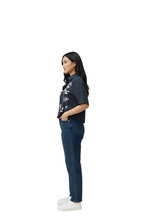 Flower Embroidery Designs Shirt for Women in Denim Blue
