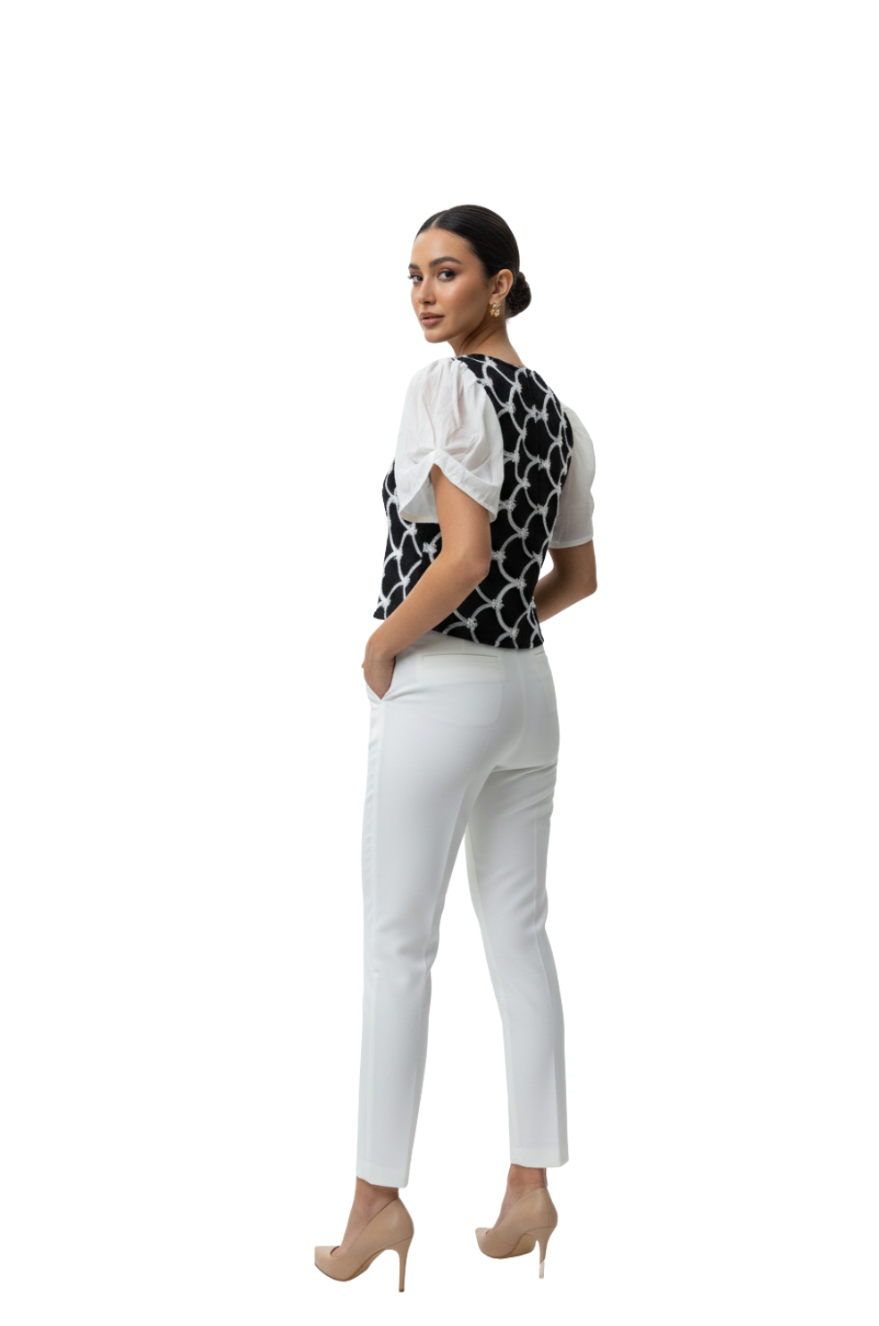 Puff Sleeve Top for Women in White Black