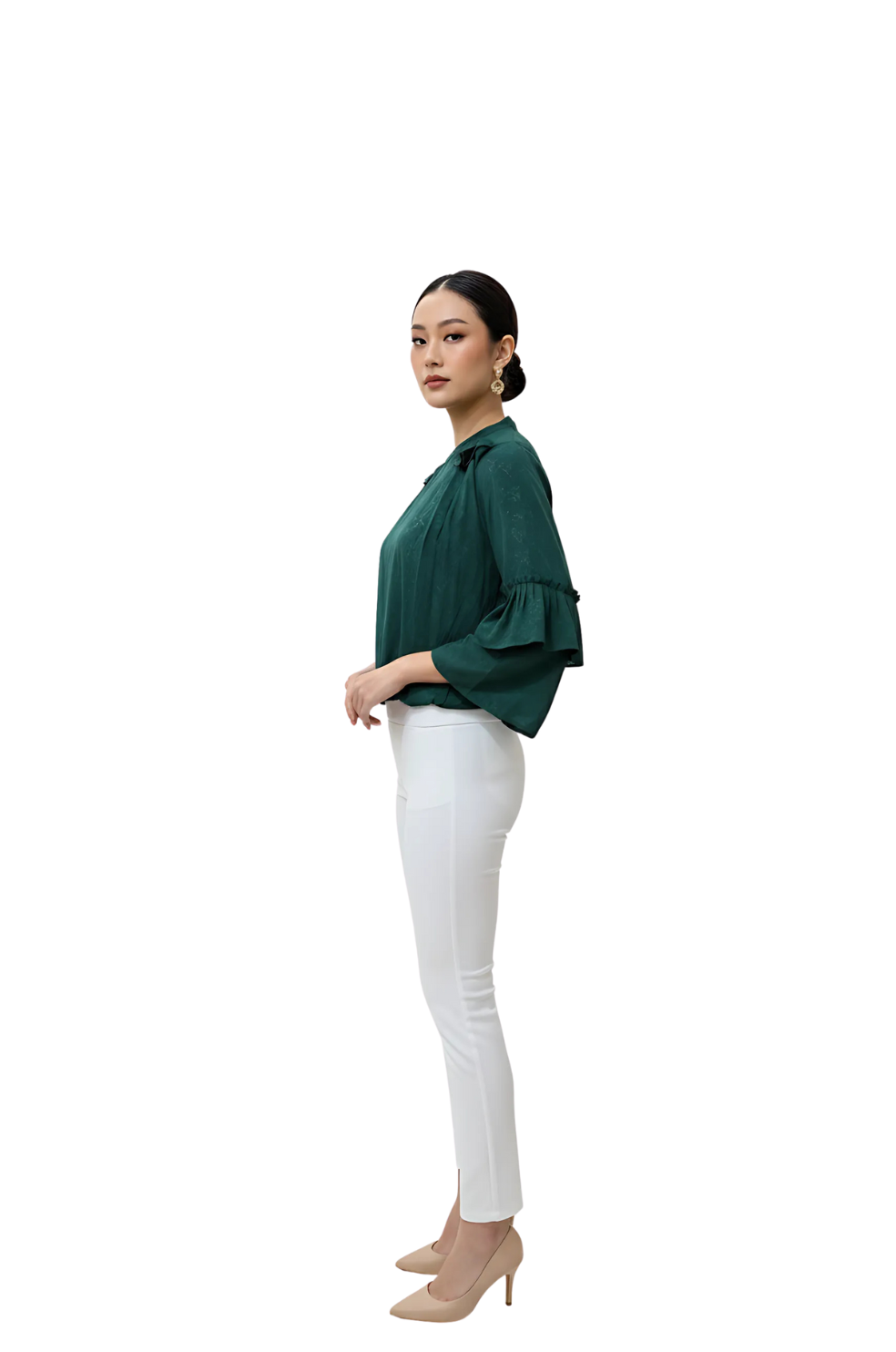 Ruffle Full Sleeve Tops for Women in Dark Green
