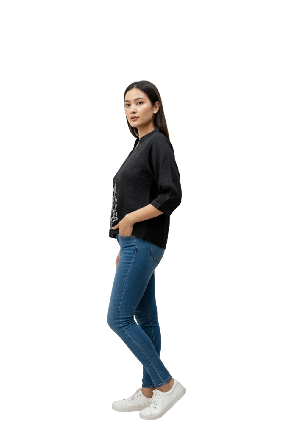 Black Applique Design Top for Women in White