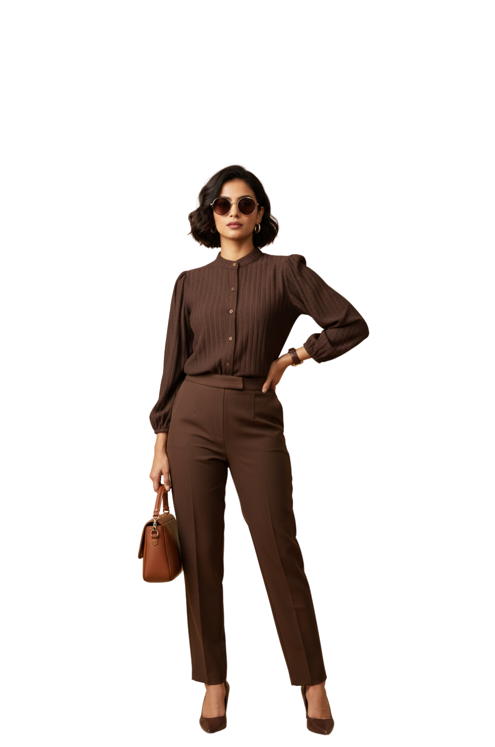 Band Collar Semi Formal Shirt for Women in Coffee Brown | Hava Fashions