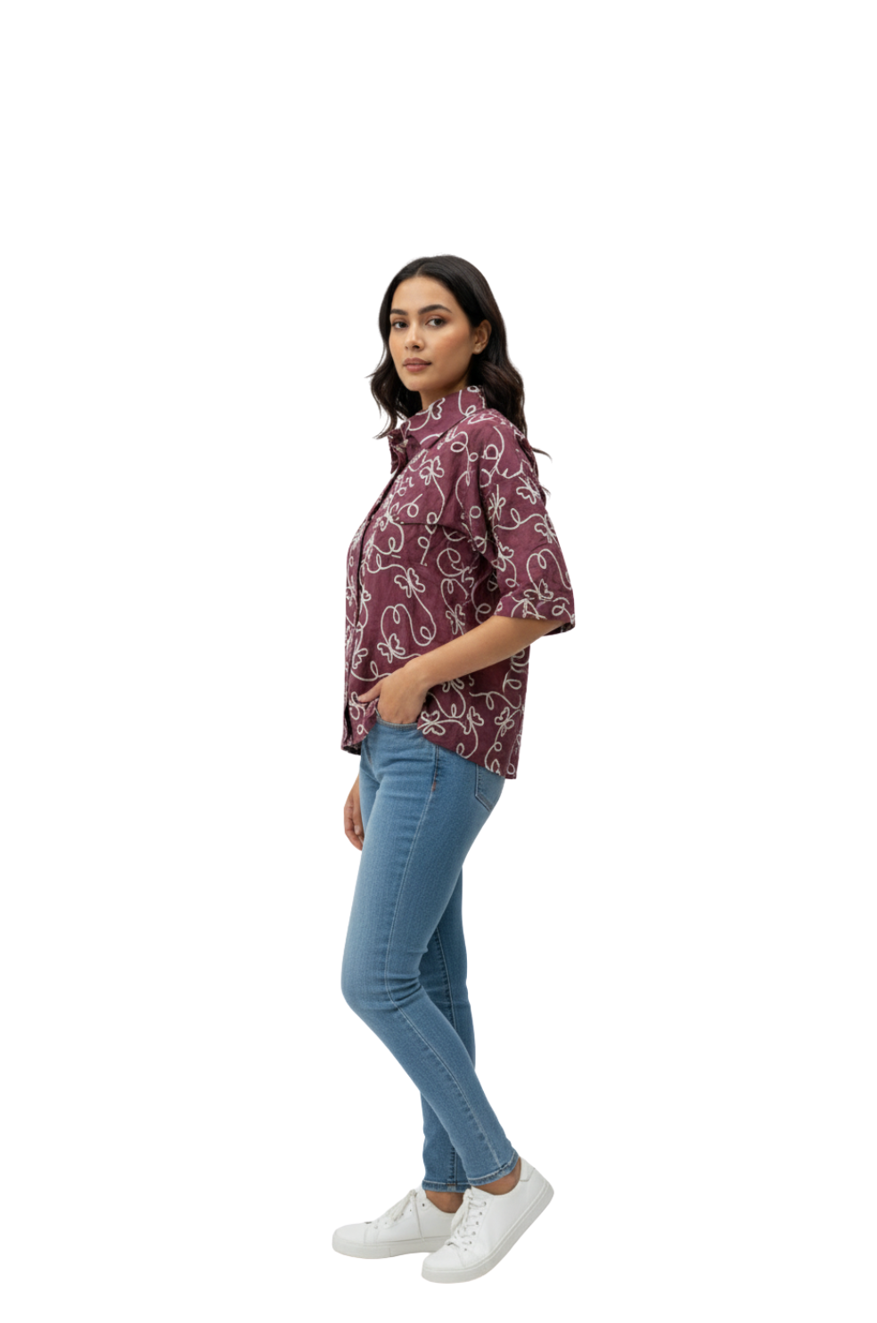 White Cotton Embroidered Shirt for Women in Maroon
