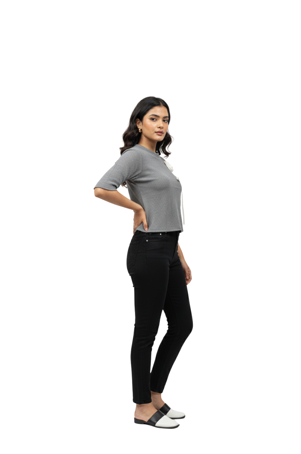 Dark Grey Casual T-Shirt for Girl with Embroidered Flower