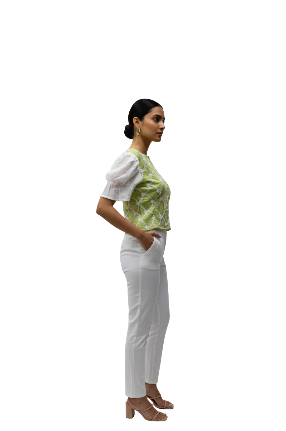 Puff Sleeve Top for Women in White Green