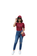 Plain Casual Textured Ribbed T-Shirt for Women in Maroon