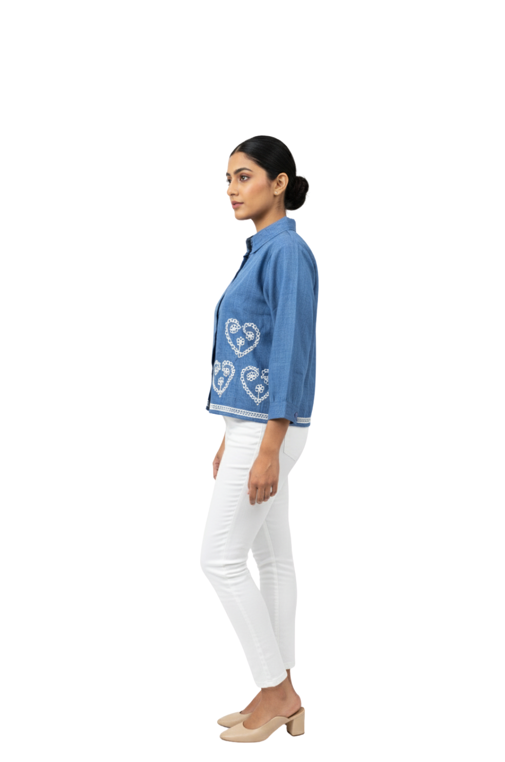 White Cotton Embroidered Blue Shirt for Women