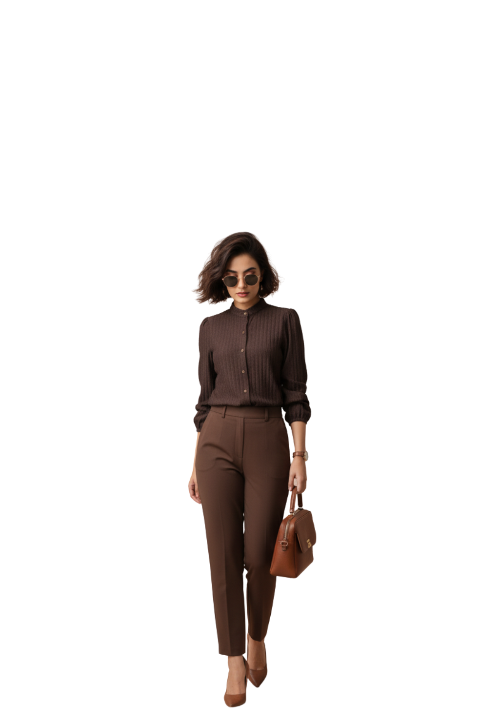 Band Collar Semi Formal Shirt for Women in Coffee Brown | Hava Fashions