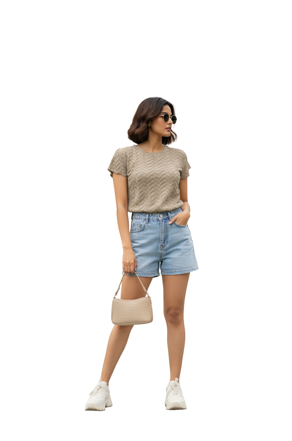 Textured Short Sleeve T-Shirt  for Women in Beige Colour