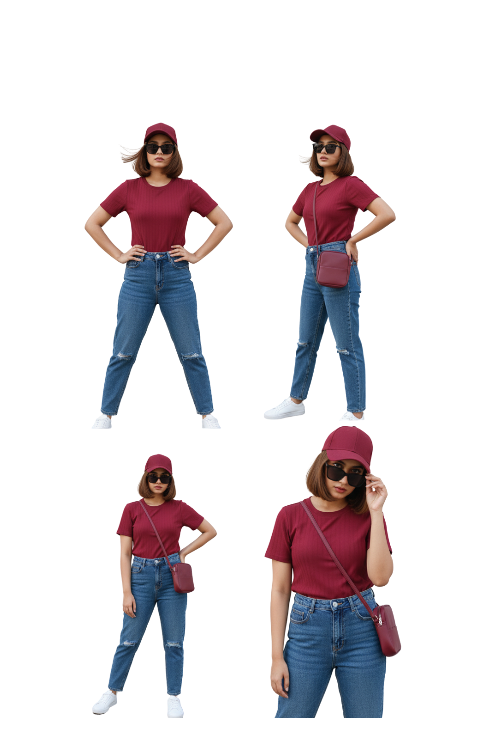 Plain Casual Textured Ribbed T-Shirt for Women in Maroon