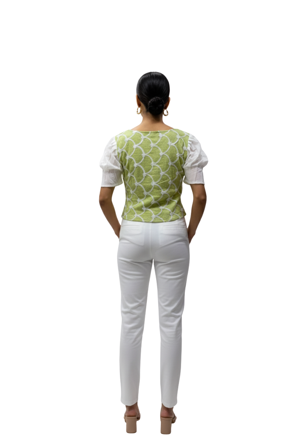 Puff Sleeve Top for Women in White Green