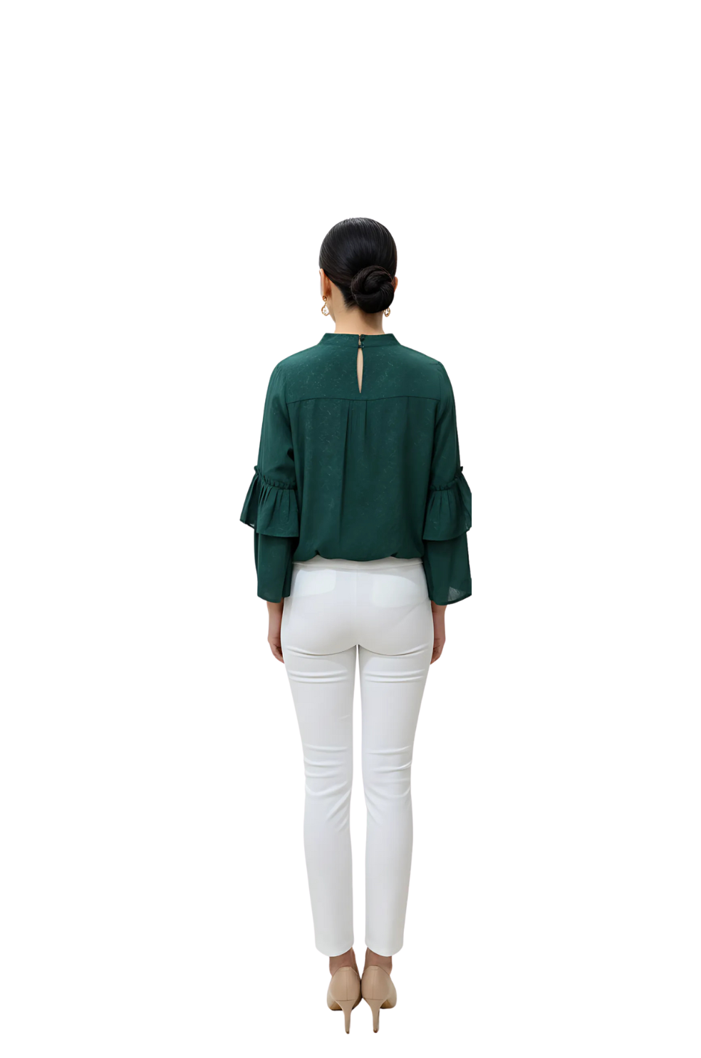 Ruffle Full Sleeve Tops for Women in Dark Green